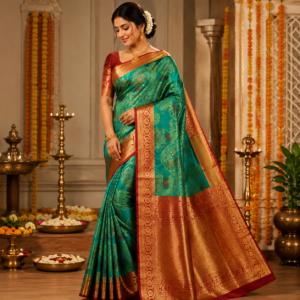 Peacock green silk saree featuring intricate peacock motifs, tree patterns, and gold zari woven border for weddings and festive occasions.